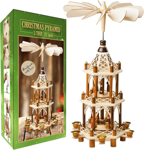 German Christmas Decoration Pyramid - 21-Inch Wooden Nativity Scene - 3-Tier Carousel with 6 Candle Holders