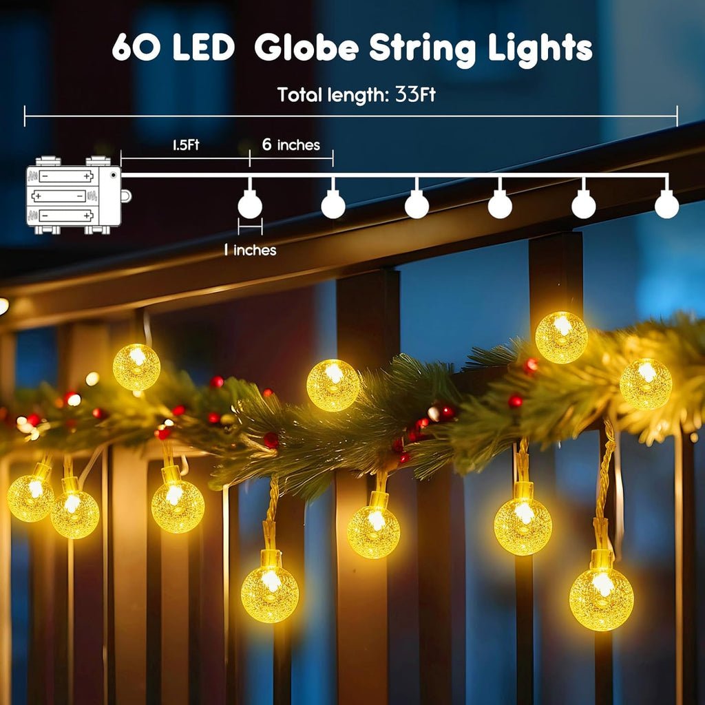 Minetom Crystal Globe String Lights - 33 ft 60 LED Waterproof Fairy Lights with Remote & 8 Modes | Warm White Decor