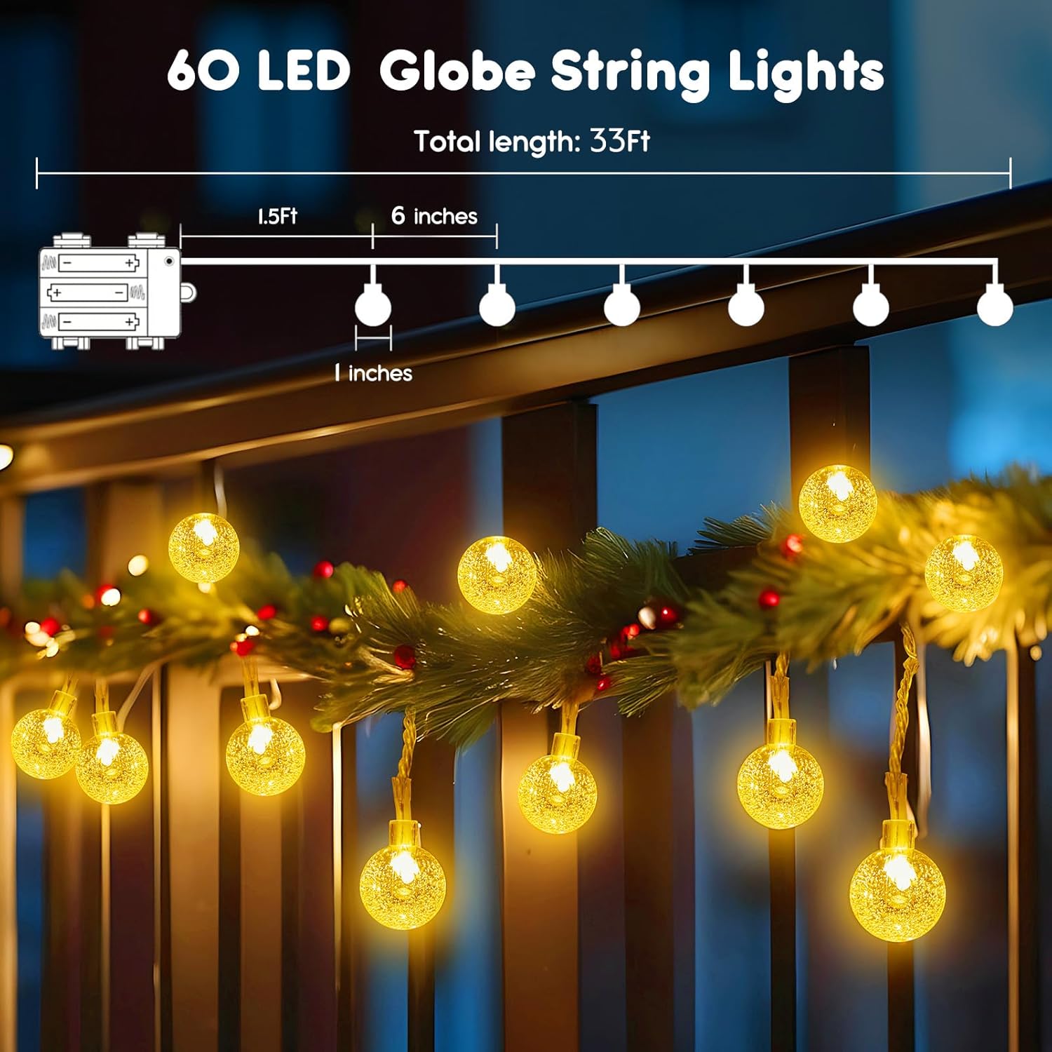 Minetom Crystal Globe String Lights - 33 ft 60 LED Waterproof Fairy Lights with Remote & 8 Modes | Warm White Decor