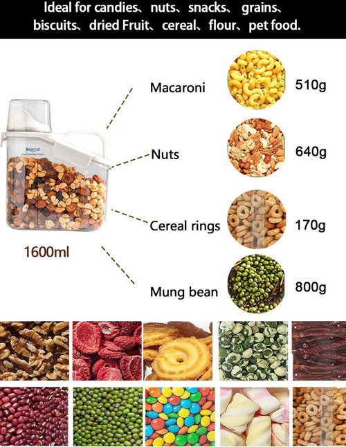 Besmall Small Cereal Containers Storage with Pour Spout and Measuring Cup Food Storage Containers Airtight Plastic Dry Food Dispenser for Flour, Grain, Rice, White, 1.6L / 54oz (4pcs)