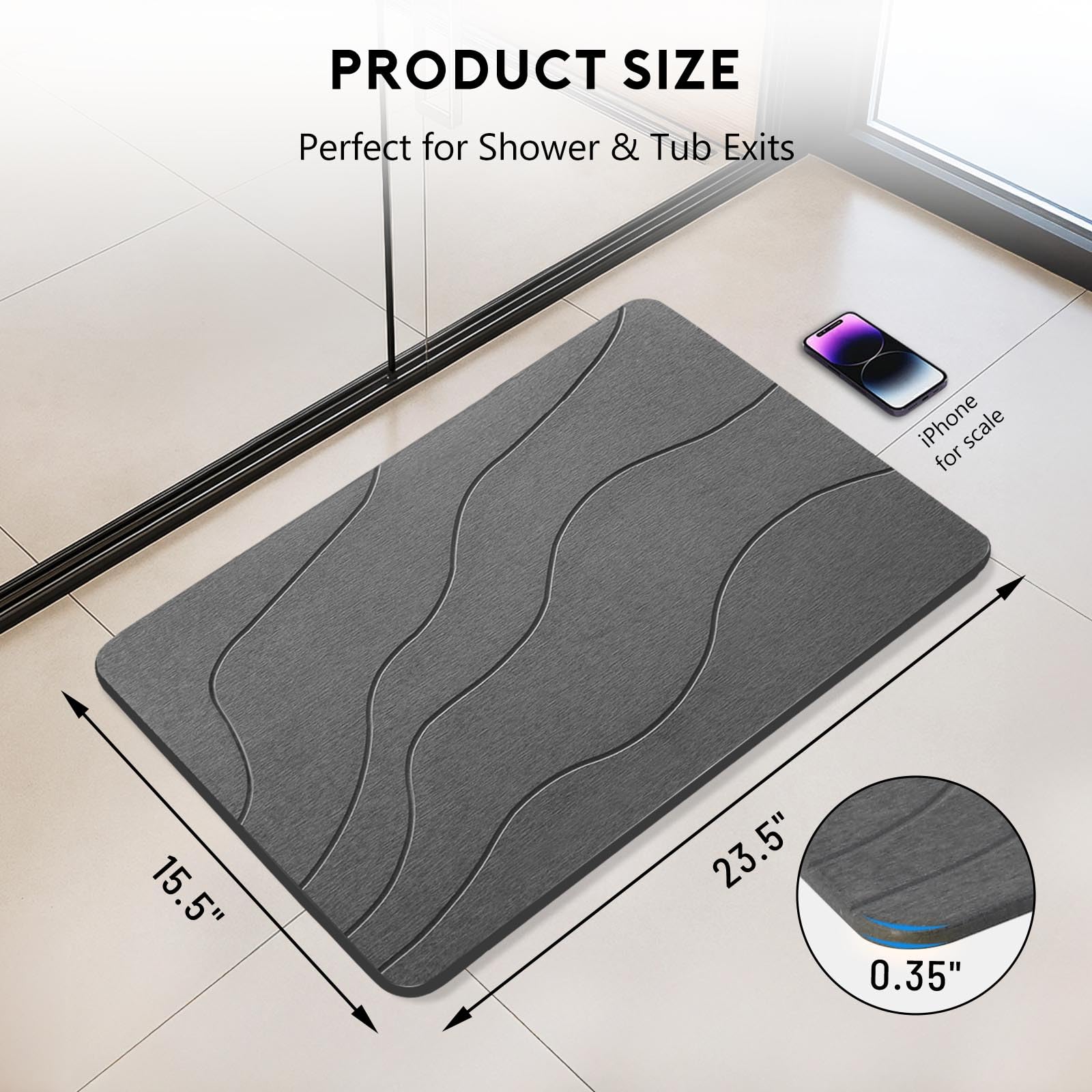 JANERIW Stone Bath Mat, Quick-Dry Diatomaceous Earth Shower Mat, Absorbent Bathroom Mat for Shower/Tub Exit, New Apartment Essential & Housewarming Gift, 23.5" x 15.5" Dark Gray Wave