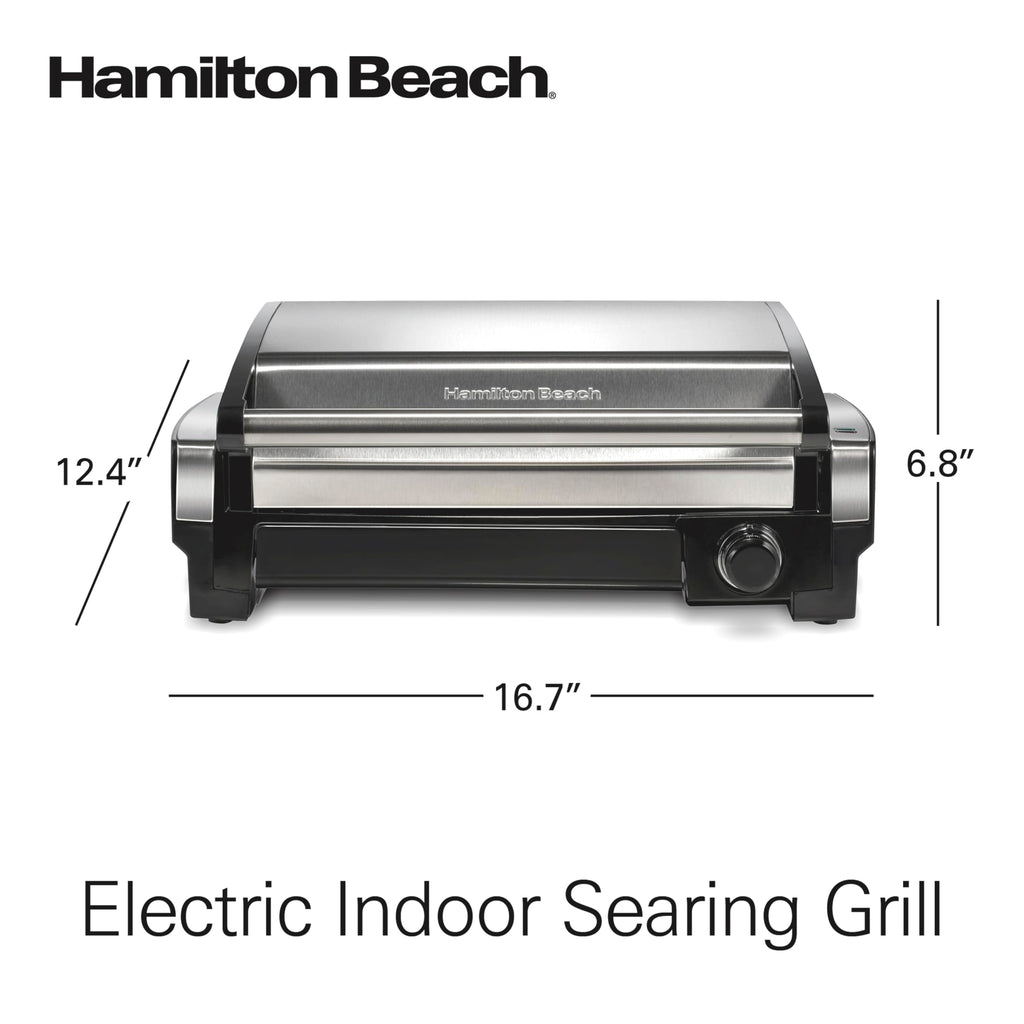 Hamilton Beach Electric Indoor Searing Grill with Adjustable Temperature Control to 450F, 118 sq. in. Surface Serves 6, PFAS-Free Removable Nonstick Grate, Stainless Steel (25360)