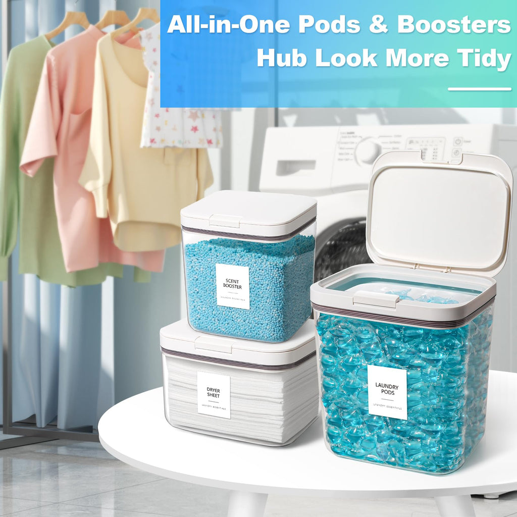 ALPIRIRAL 3 Pack Laundry Pods Container, Holder Dispenser for Laundry Room Organization Decor, for Storage, Dishwasher Pods, Scent Booster, Dryer Sheet, 152+94+67fl oz with Lids, Scoops & Labels