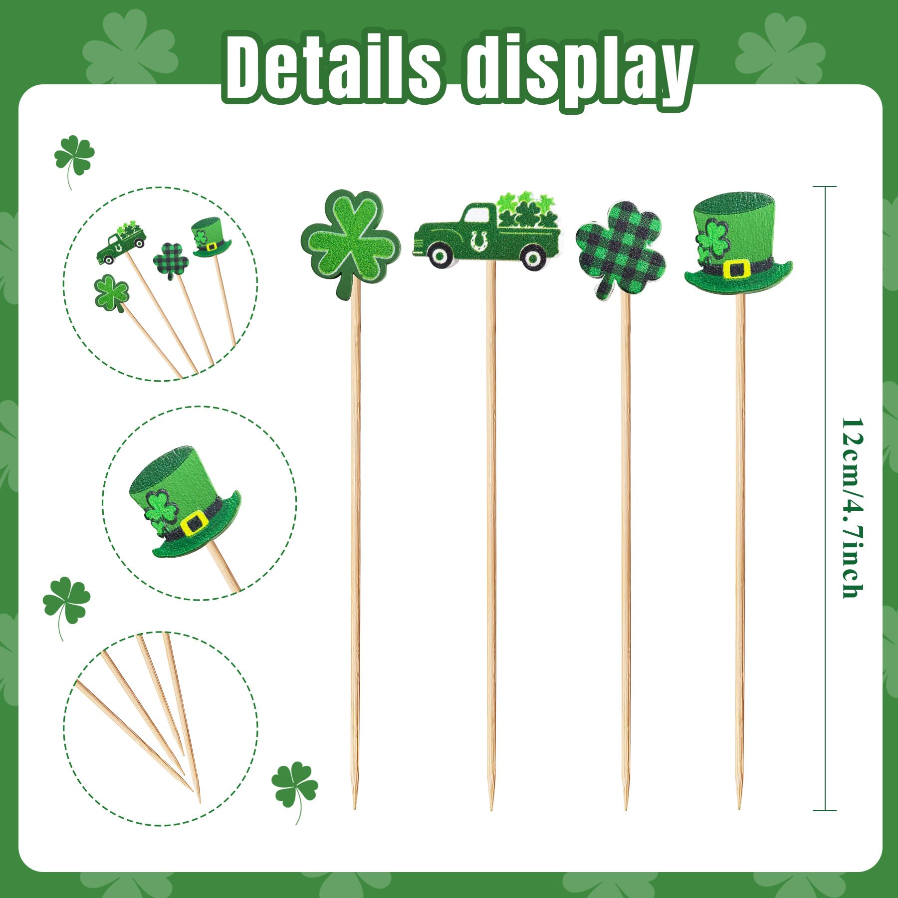 100 Pcs St Patrick's Day Shamrock Cocktail Picks Irish Green Hat Beer Clover Cupcake Toppers Disposable Party Shamrock Sticks for St. Patrick's Day Decoration Party(Truck Style)