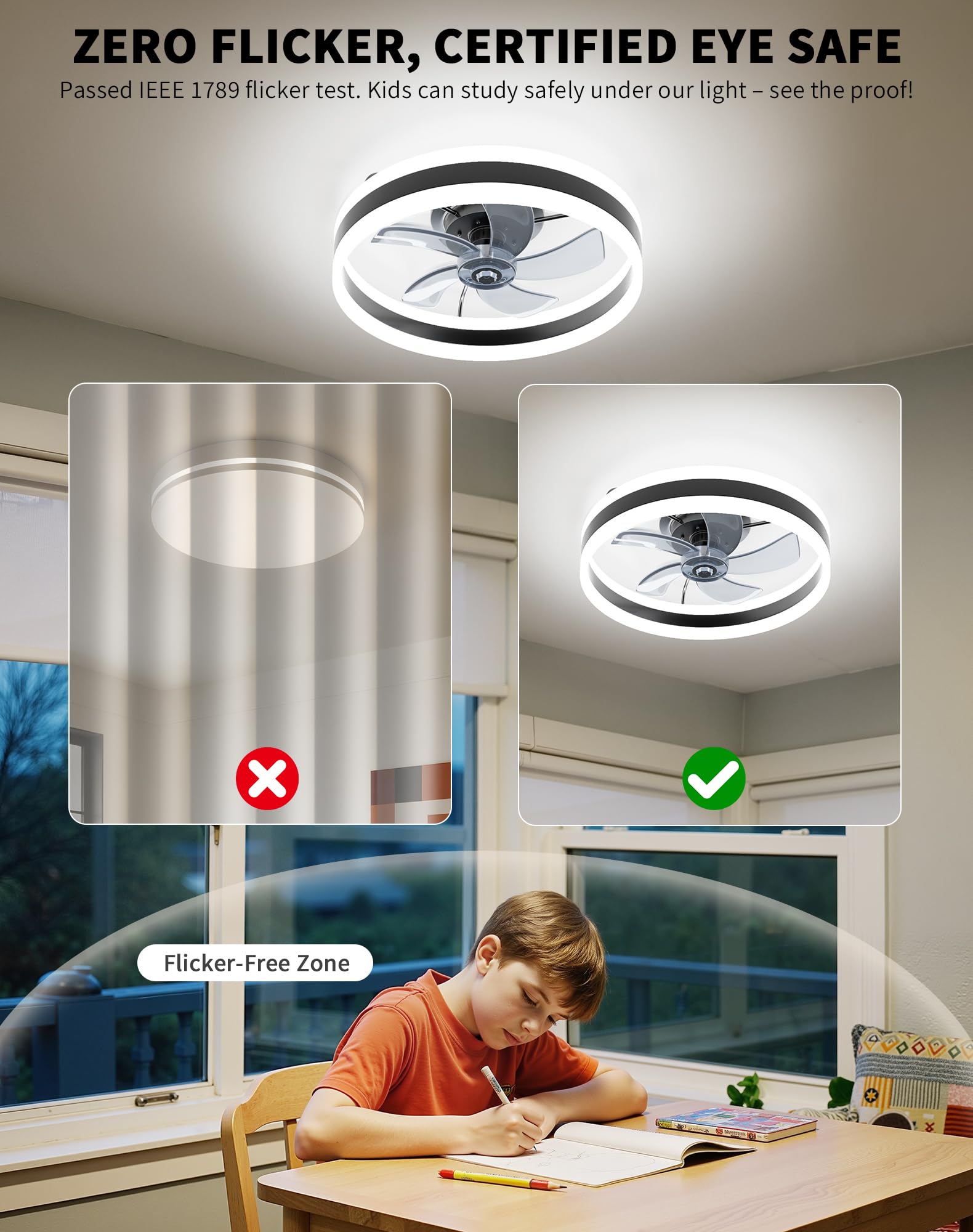 Simple Deluxe Ceiling Fan with Light 20in Low Profile Ceiling Fans with Lights and Remote Dimmable with 6 Wind Speeds Flush Mount Fandelier LED Fan Light Modern Smart for Bedroom, Black