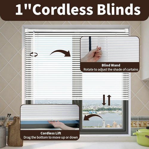 1 Cordless Mini Blinds - 20" W x 36" H | White Vinyl Horizontal Light Filtering Blinds for Indoor Use