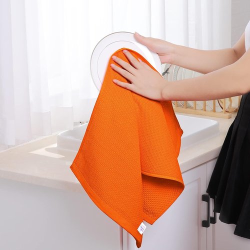 Homaxy Kitchen Dish Towels - Ultra Soft 100% Cotton Waffle Weave, Quick Drying, 13 x 28 Inches, 4-Pack | Orange