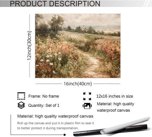 Haitunone Wildflower Wall Art - Retro Botanical Canvas Print for Farmhouse Decor | 12x16 Inch Unframed