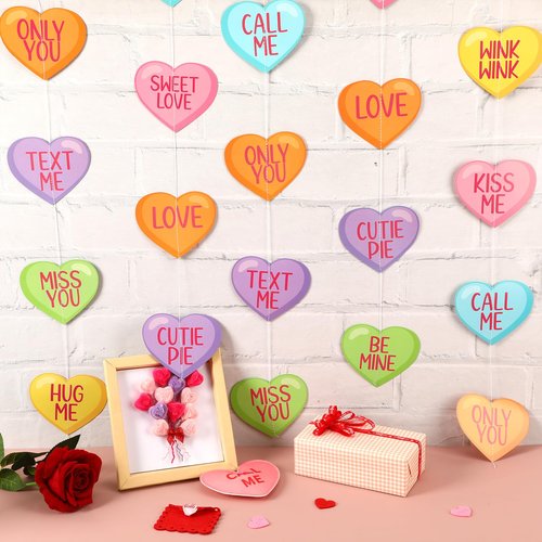 MARFOREVER 41Ft Valentines Day Candy Heart Garland, No DIY Conversation Heart Banner 5 Pcs Love Hanging Paper Banners for Valentine's Sweet Day Party Decorations Wedding Anniversary Birthday Supplies