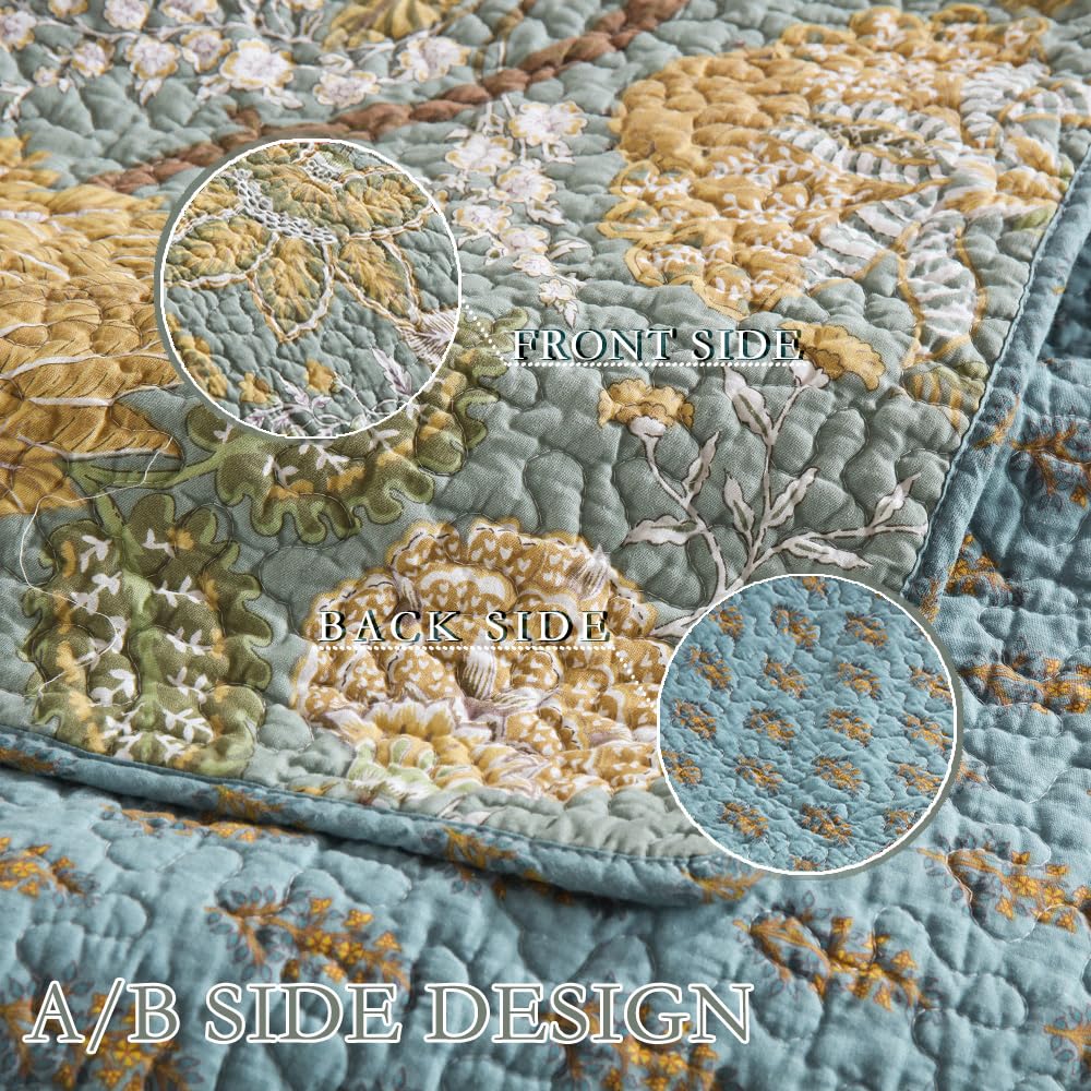 Wistown Cotton Bedspread Bedding Coverlet Quilt Sets, Reversible Vintage Branch Floral Bedspread comforters, (Rustic Sage Green Floral Pattern, King Size)