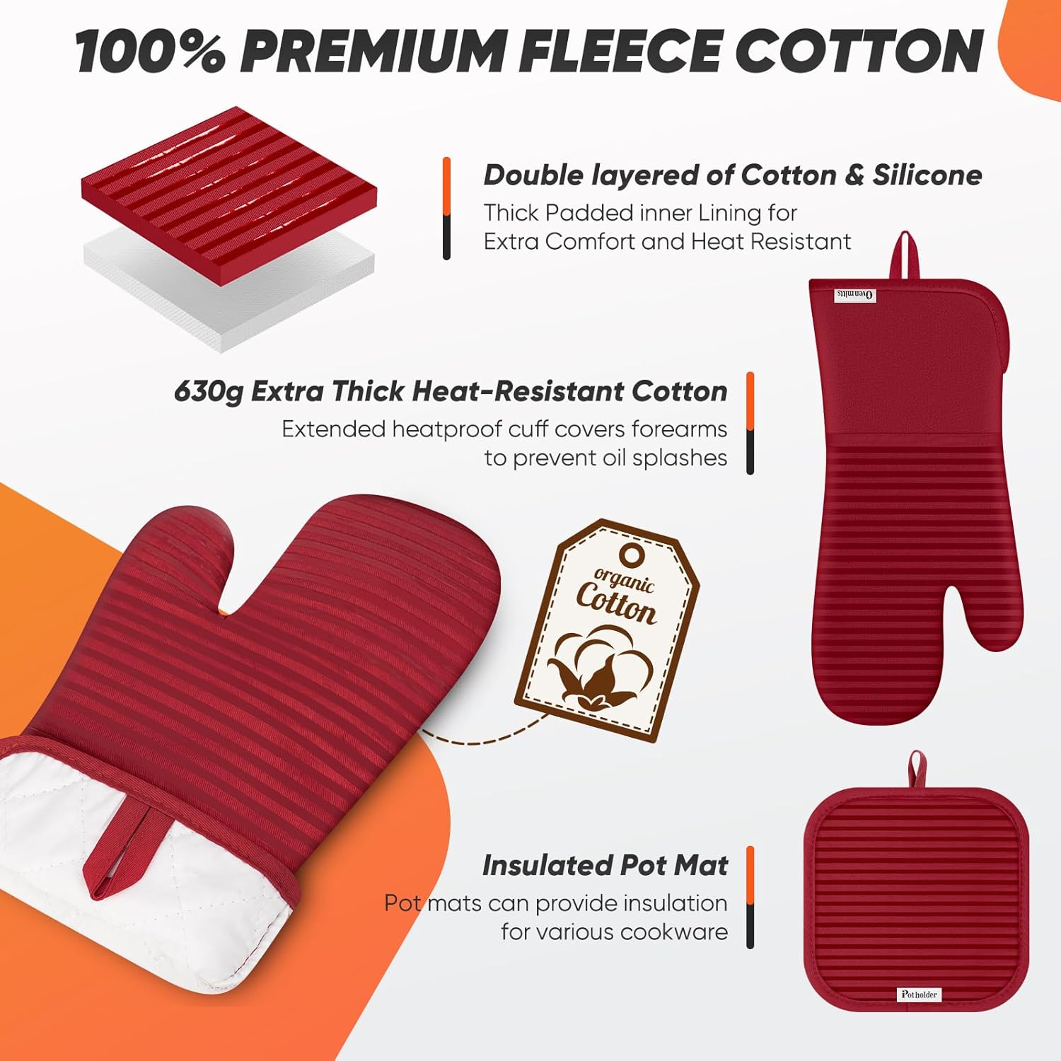 Skiennix Oven Mitts Set - 500°F Heat Resistant Gloves & Potholders with Silicone Grip | Red