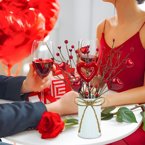 Caplidou 2 Pcs Valentines Day Decorations, Valentines Day Centerpiece for Table Artificial Heart Berry Stems Picks with Vase Floral Arrangement for Mantel Party Wedding Anniversary Home Office
