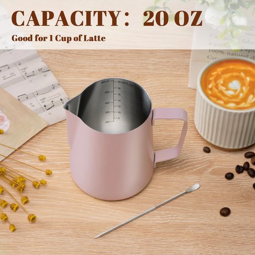 Amrules Milk Frothing Pitcher, 20 oz Milk Frother Cup with Clear Scale, 304 Stainless Steel Cappuccino Espresso Machine Accessories for Barista Coffee Bar with Latte Art Pen, Pink