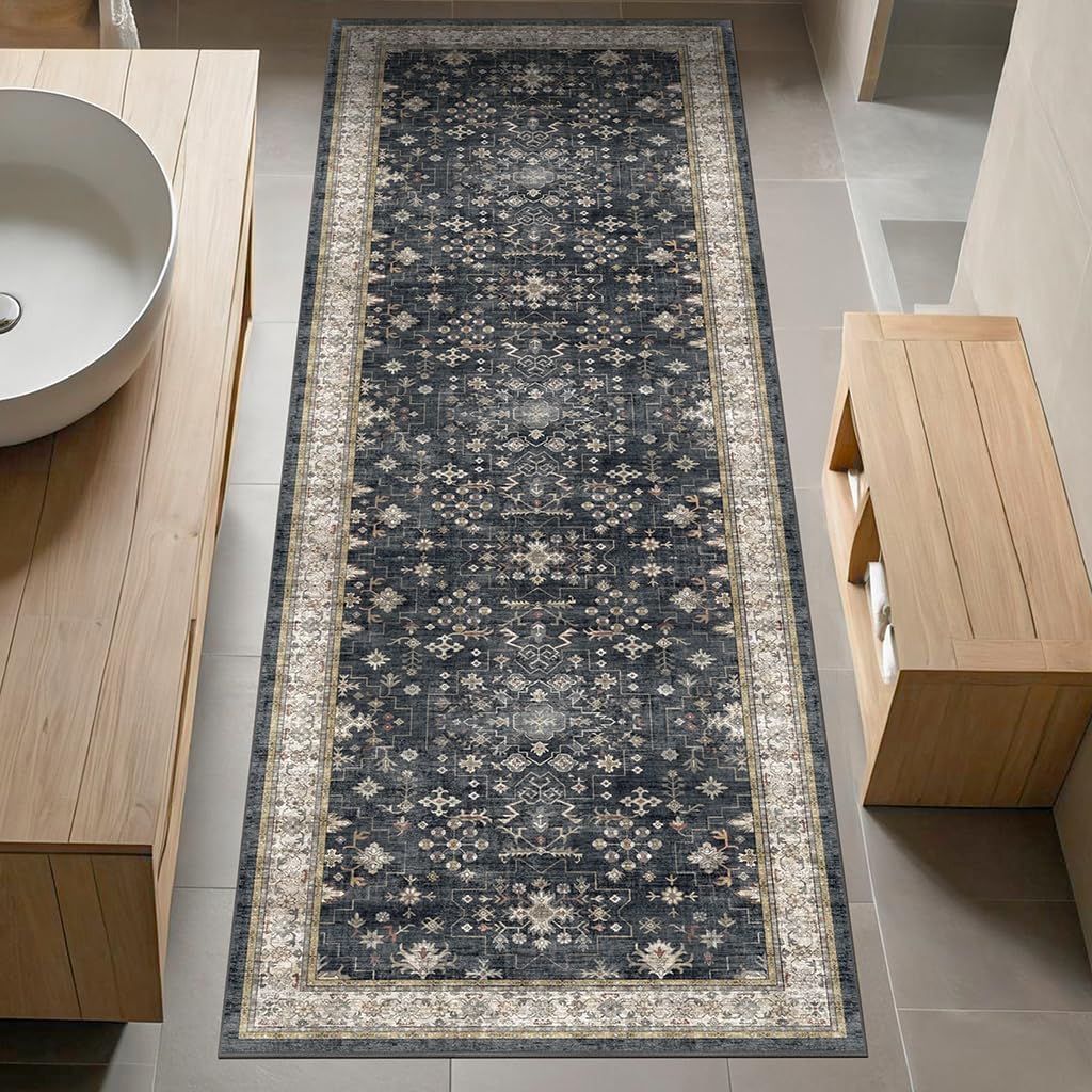 Skiennix Black Boho Runner Rug - Washable, Non-Slip, Stain Resistant | 2x6 ft for Hallway & Kitchen