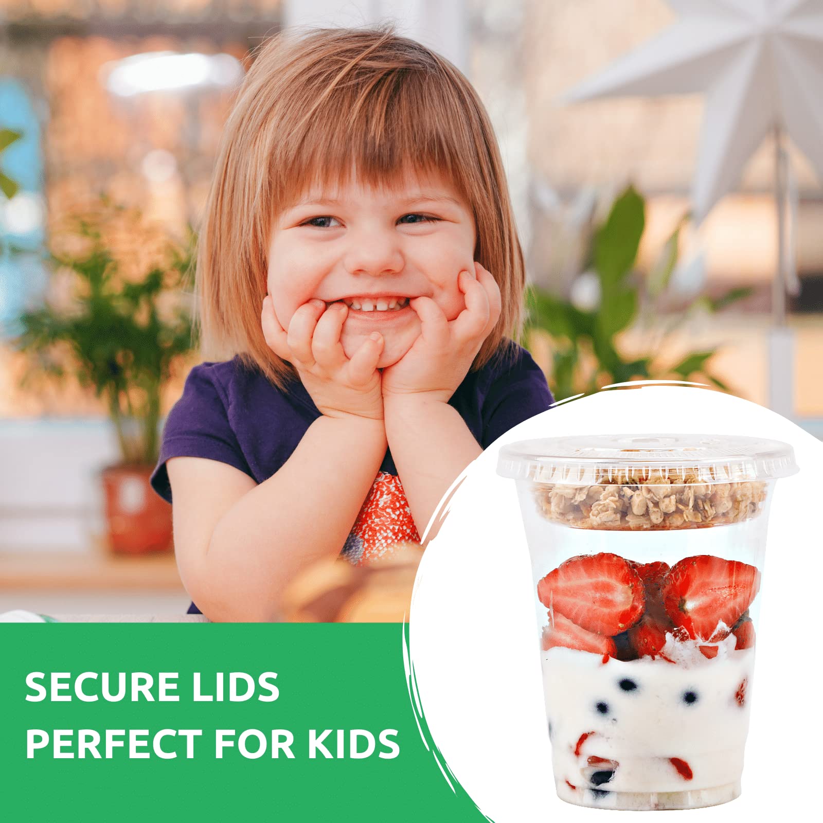 Aatriet [150 SETS 12 oz Clear Plastic Parfait Cups with Insert 3.25oz & Flat Lids No Hole, Yogurt Fruit Parfait Cups for Kids, for Dips and Veggies, Take Away Breakfast and Snacks. No Leaking