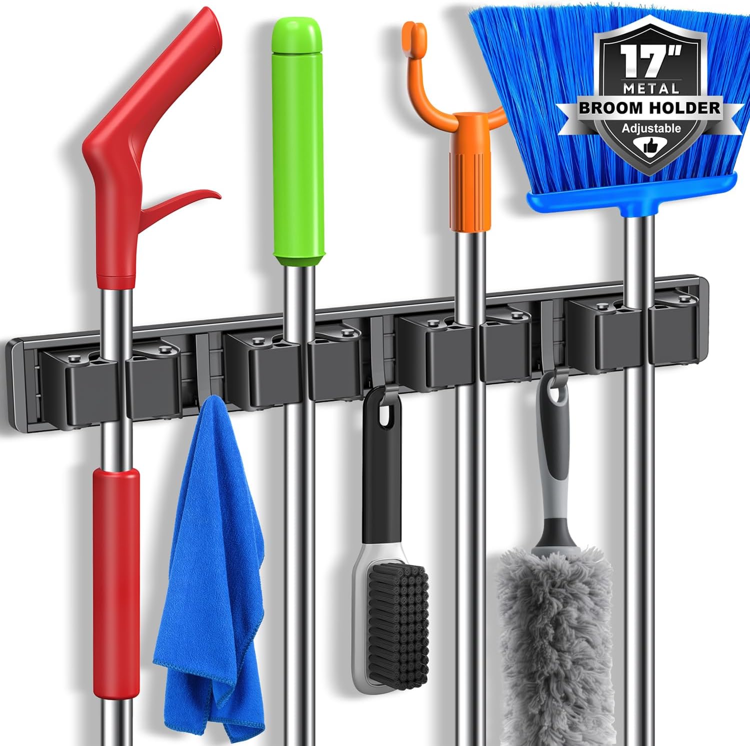 Skiennix Broom Holder Wall Mount - Organize Mops & Brooms with 4 Racks & 3 Hooks | Grey