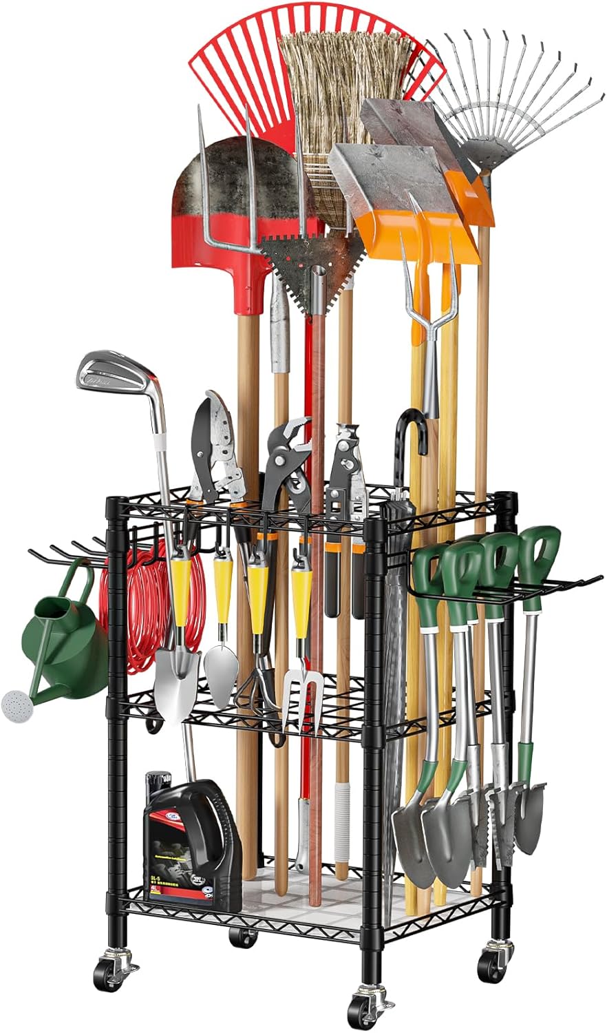 **T1 Garden Tool Organizer - Heavy Duty Freestanding Storage with Lockable Wheels | Holds Up to 50 Tools, Black**
