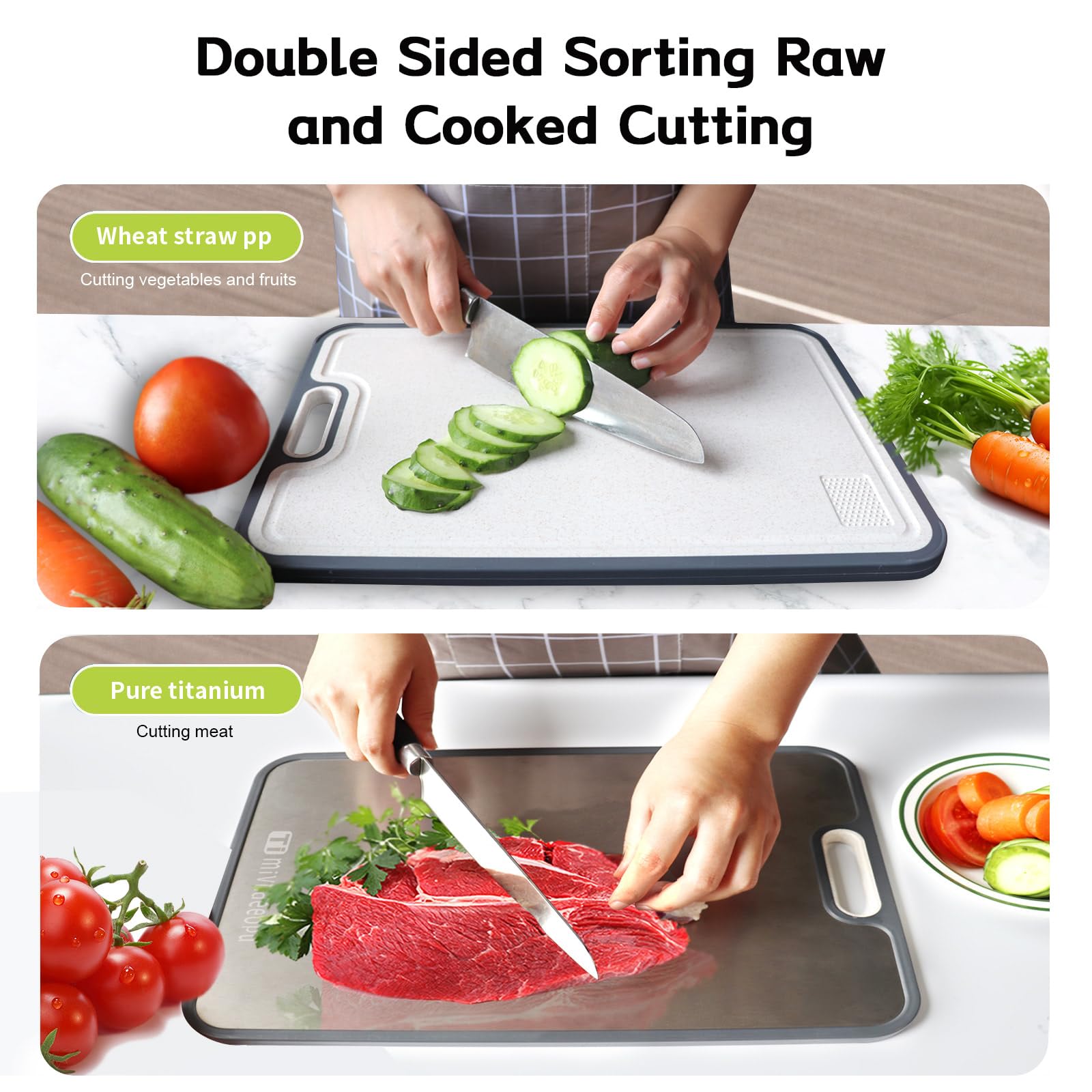 Titanium Cutting Board, Titanium Cutting Boards for Kitchen Food Grade Metal Meat Cutting Boards Non Toxic, Pure Cut Titanium & Wheat Straw PP Double Sided Chopping Board, Large 15.2”×10.5” (1 Pcs)