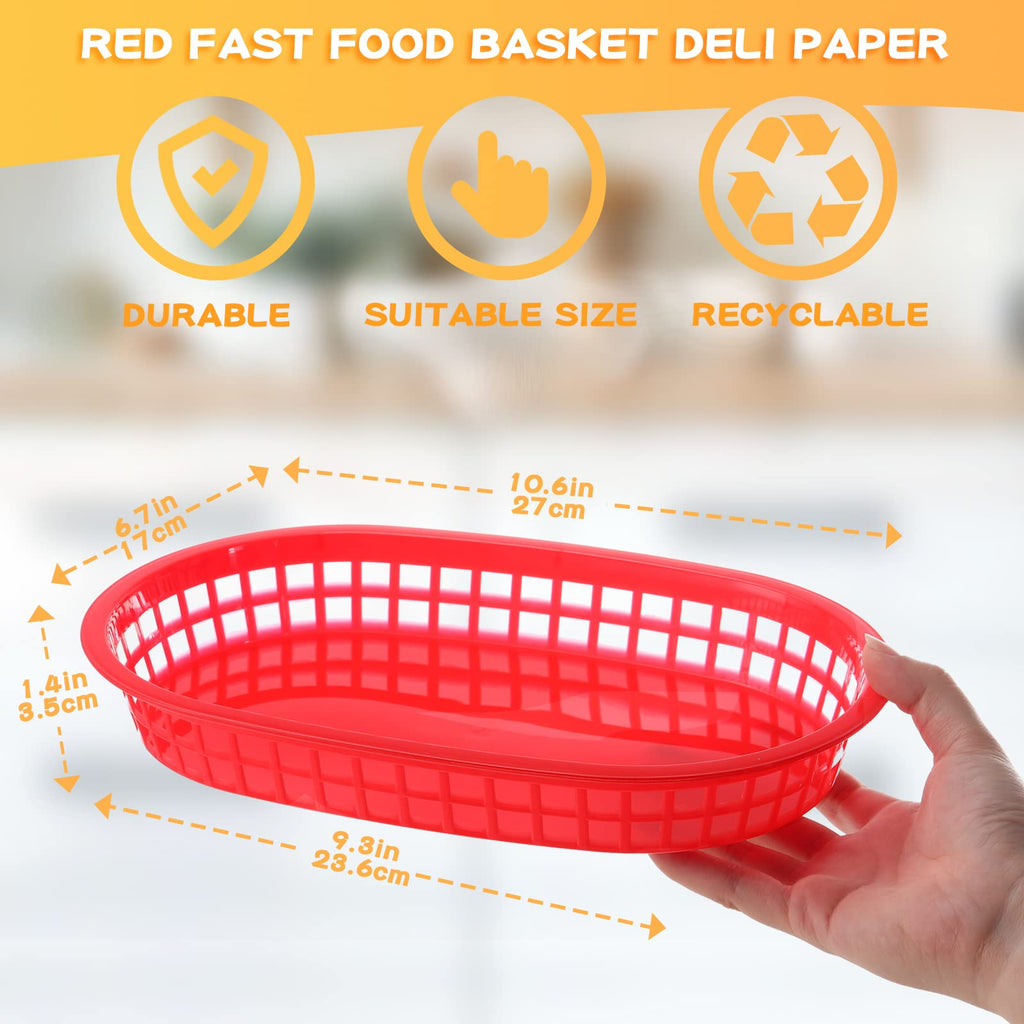 Rtteri 100 Pcs Fast Food Baskets Bulk 10.6 x 6.7 Inch, Oval Restaurant Tray Red Plastic Serving Basket, Reusable Bread Fry Basket for Hot Dog, Burger, Chips, Picnic and Christmas Party Deli Serving