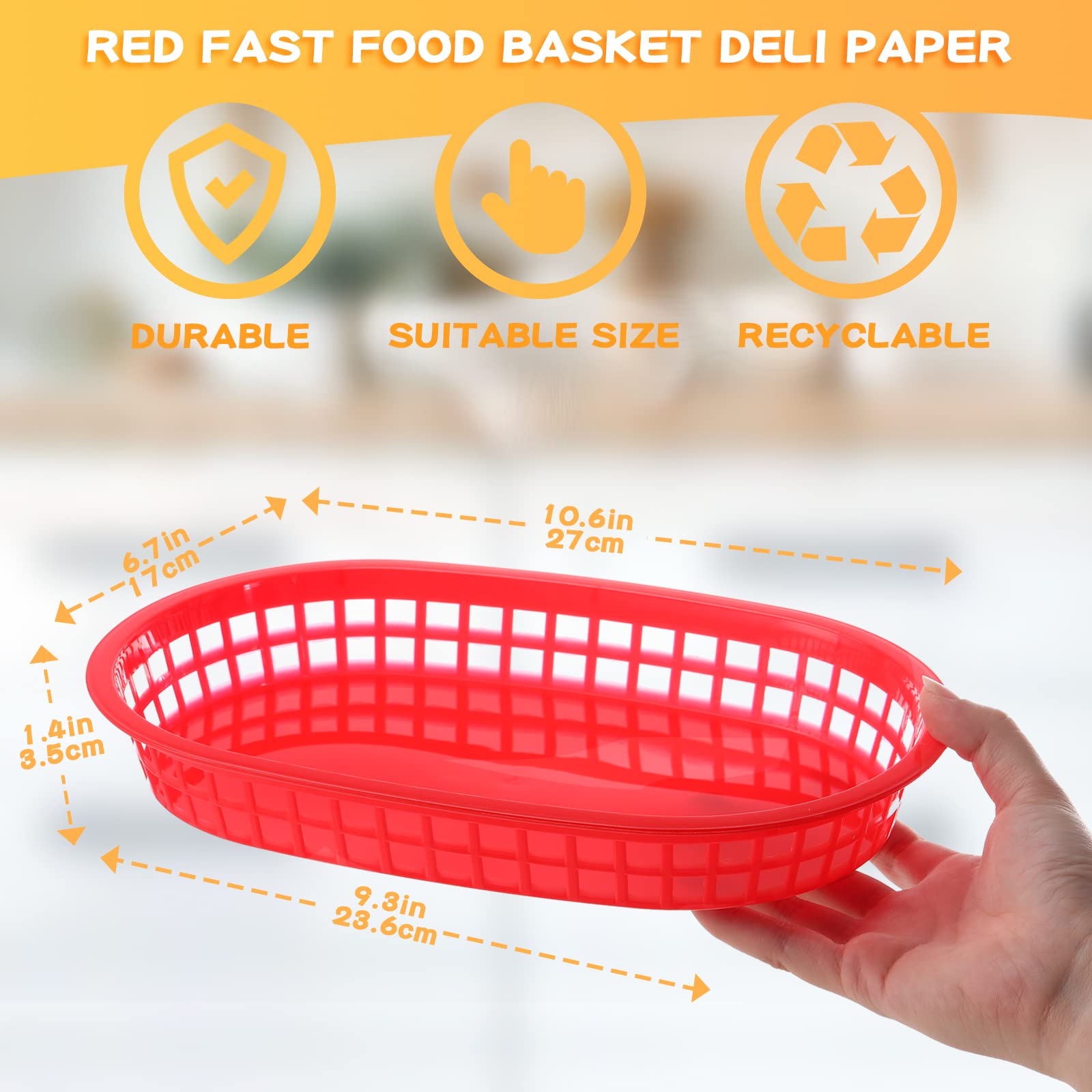 Rtteri 100 Pcs Fast Food Baskets Bulk 10.6 x 6.7 Inch, Oval Restaurant Tray Red Plastic Serving Basket, Reusable Bread Fry Basket for Hot Dog, Burger, Chips, Picnic and Christmas Party Deli Serving