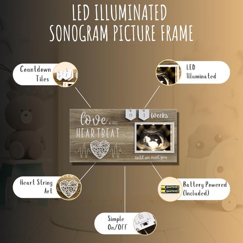 LED Illuminated Baby Sonogram Picture Frame - Countdown Weeks Feature | 4"x3" Ultrasound Photo Keepsake for Pregnancy Announcements & Baby Showers
