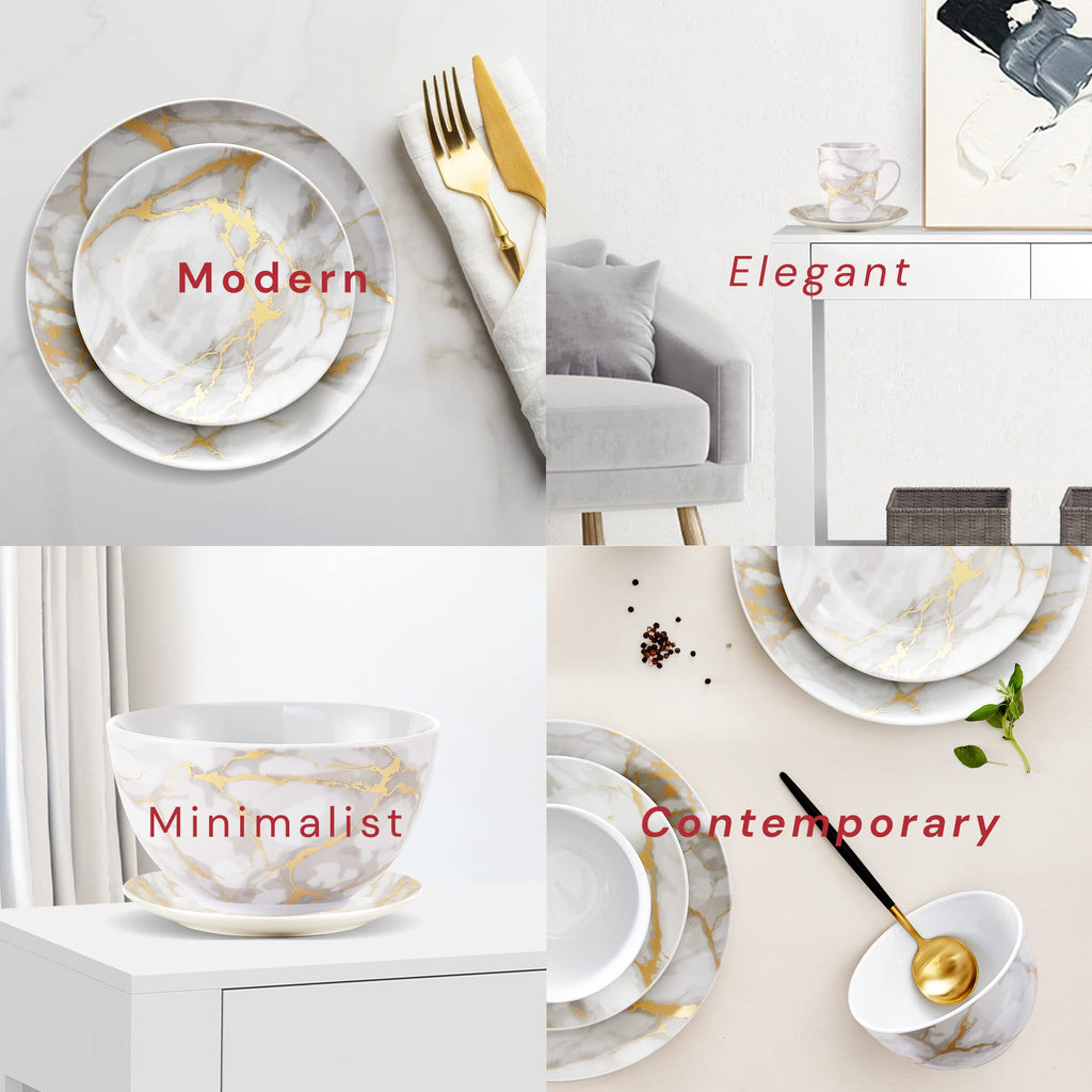 Safdie & Co 16-Piece Modern Premium Porcelain Ceramic Dinner Set, Lightweight Designed, Stackable, in Gold Marble/Gray Finish