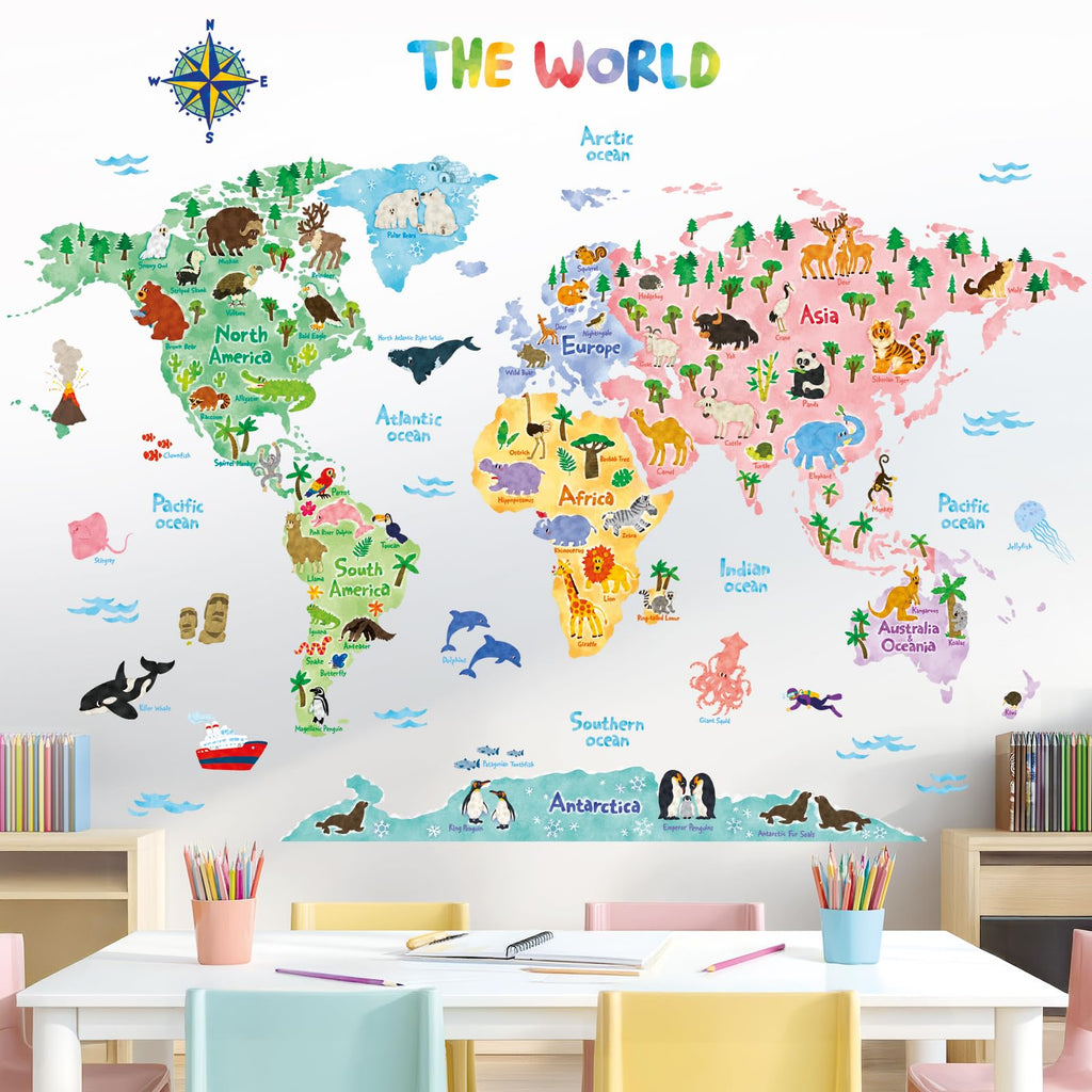 DECOWALL SG2-1615S Animal World Map Kids Wall Decals Wall Stickers Peel and Stick Removable Wall Stickers for Kids Nursery Bedroom Living Room (Large)