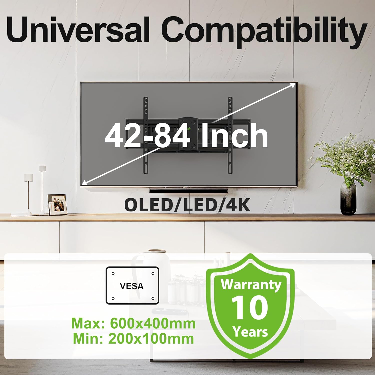 USX MOUNT Full Motion TV Wall Mount - Fits 42-84 Inch TVs, Holds Up to 120lbs, Max VESA 600x400mm, Dual Articulating Arms