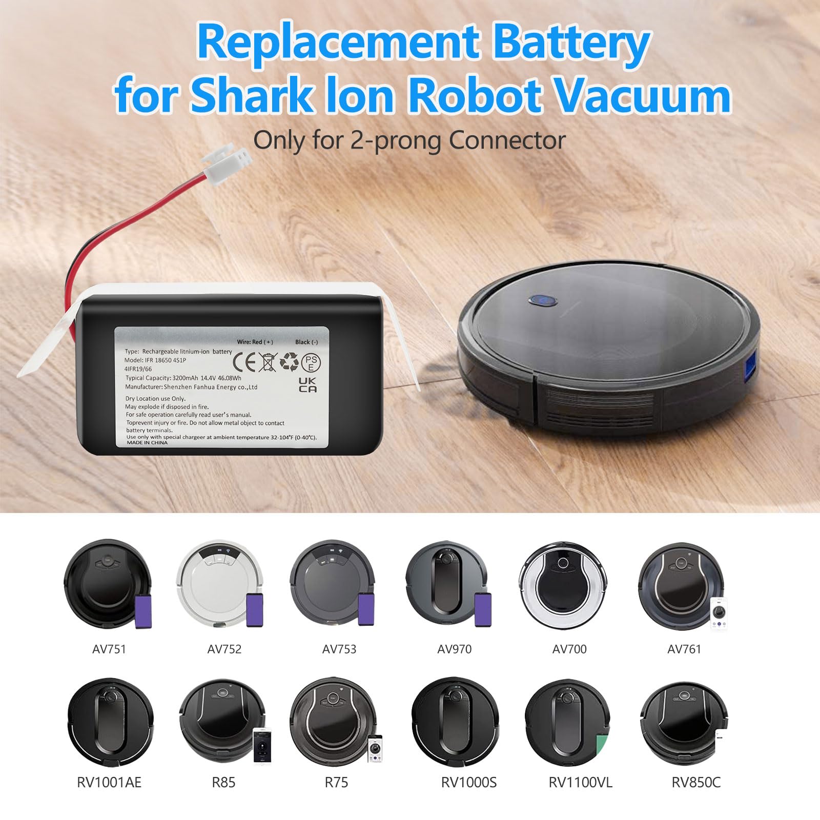 3200mAh RVBAT850 Replacement Battery for Shark Ion R75, AV752, AV751, RV761, R85, RV850, S87,RV700_N, RV720_N, RV851WV, RV871, RV1000S, RV1100VL, RV101AE, UR1000SR Vacuum Cleaners (2-Prong Connector)