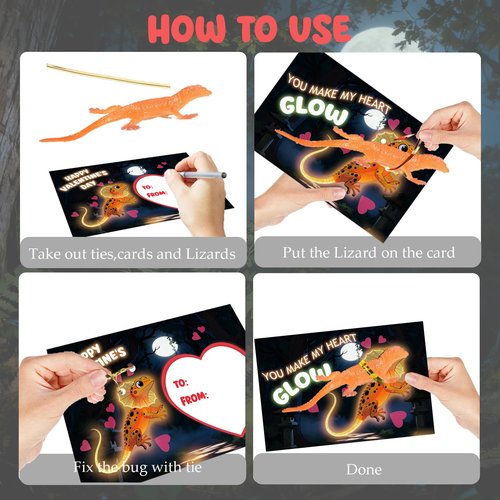 euoloar 28 Pack Valentines Day Cards with Glow in the Dark Lizards Toys for Gifts Party Favor, Bulk Valentine Gift for Kids, Classroom Exchange Prize, Valentine’s Greeting Cards