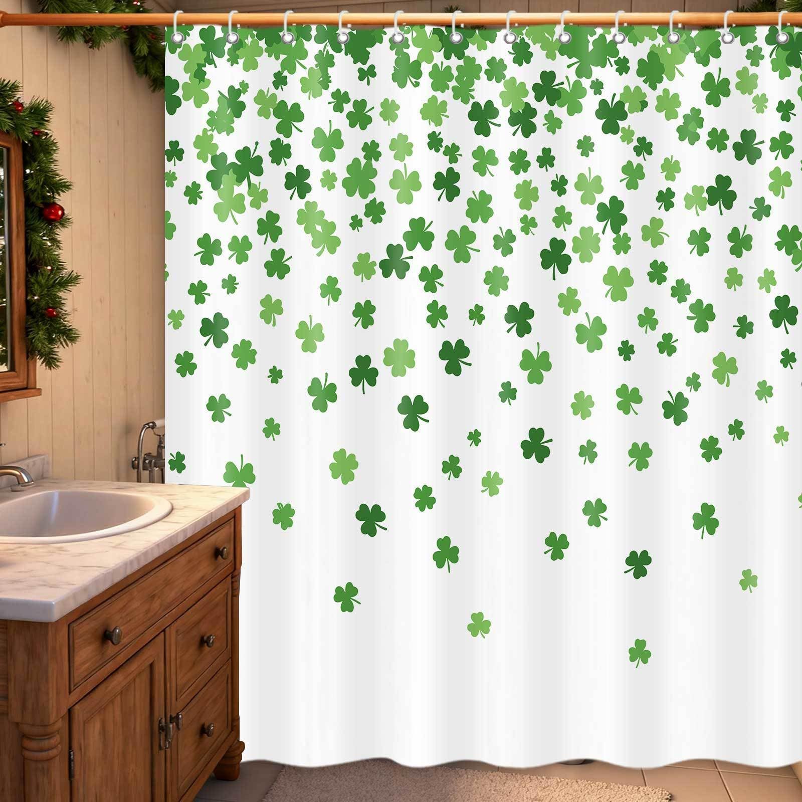 MDDGKH St Patrick's Day Shower Curtain Green Clover Leaf Shamrock Shower Curtains for Bathroom, Irish Decorations Fabric Home Decor Set with Hooks 71 x 71 Inch