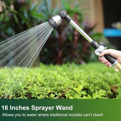 FANHAO Heavy Duty Watering Wand - 16-Inch Metal Hose Nozzle with 8 Spray Patterns & Thumb Control