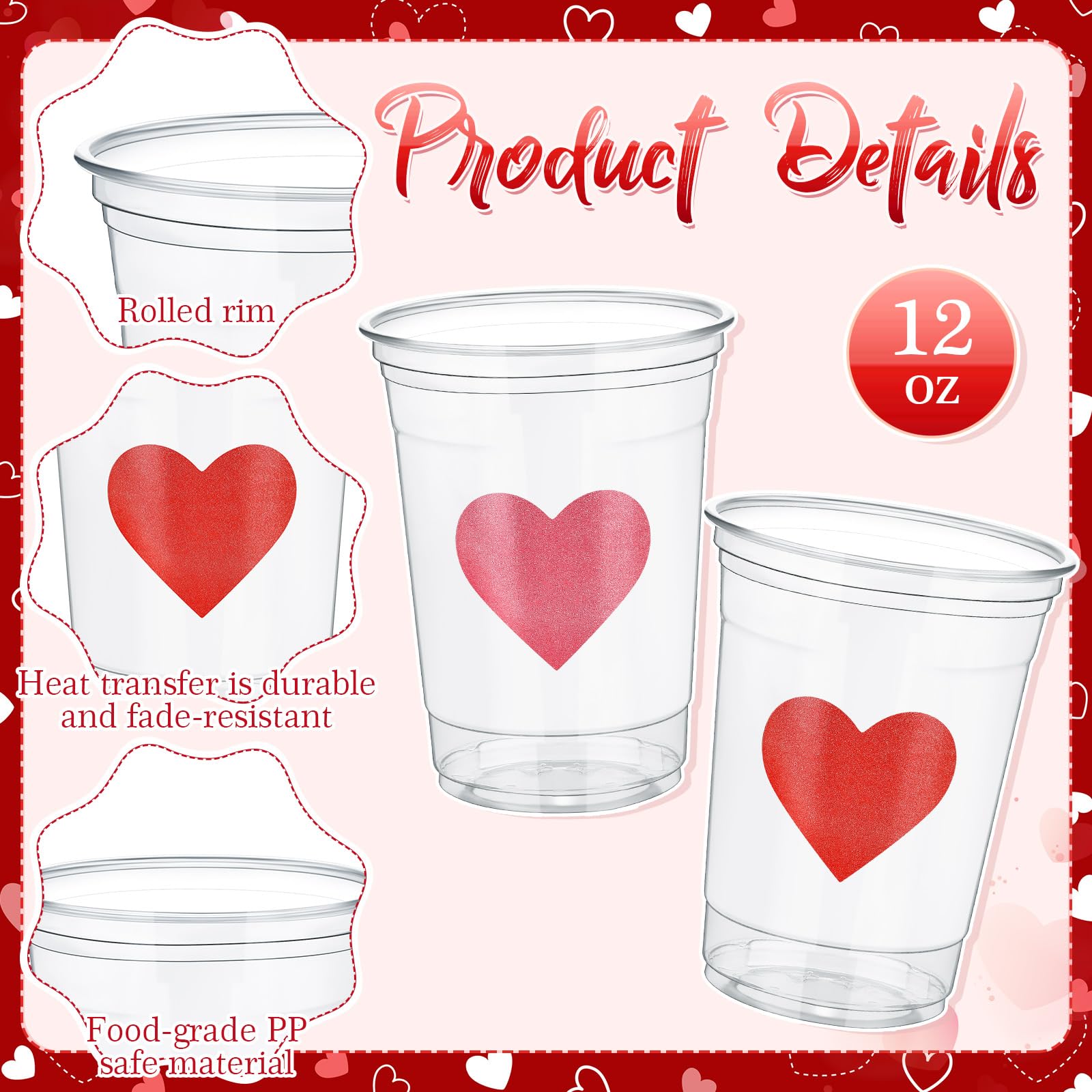Moinchore 100 Pcs 12 oz Valentines Heart Plastic Cups Clear Disposable Heart Wine Cups Bulk for Galentine's Day Iced Coffee Drinking Ice Cream Wedding Party Supplies (Pink,Red)
