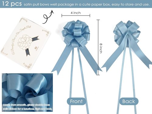 HUIHUANG Dusty Blue Pull Bows - 4"x8" Satin Gift Bows for Wrapping, Baby Showers & Weddings | 12 PCS