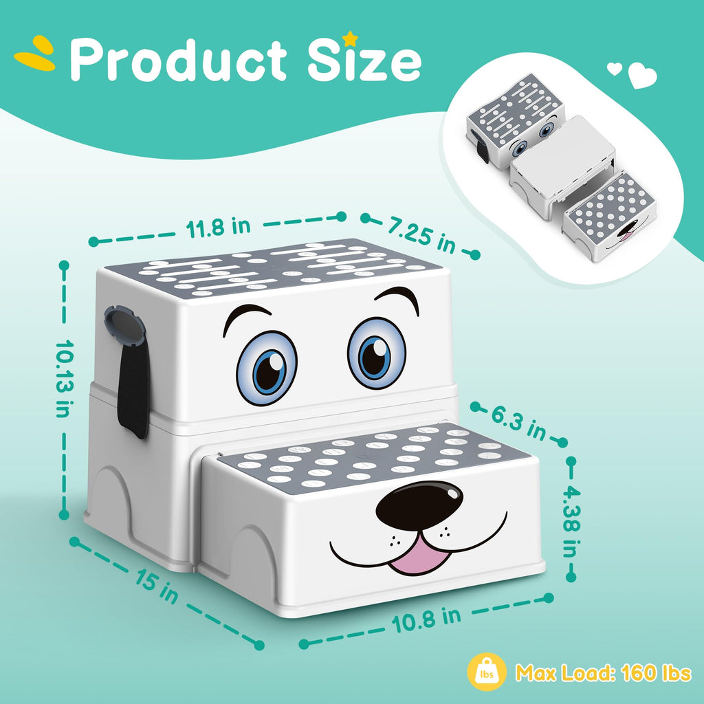 Vorykido Toddler Step Stool for Bathroom Sink, Cartoon Dog 2 Step Stool for Kids, Anti-Slip Kids Stool for Toilet Potty Training & Kitchen, Cute Dog Design Stepping Stool, 2 Pack, Grey