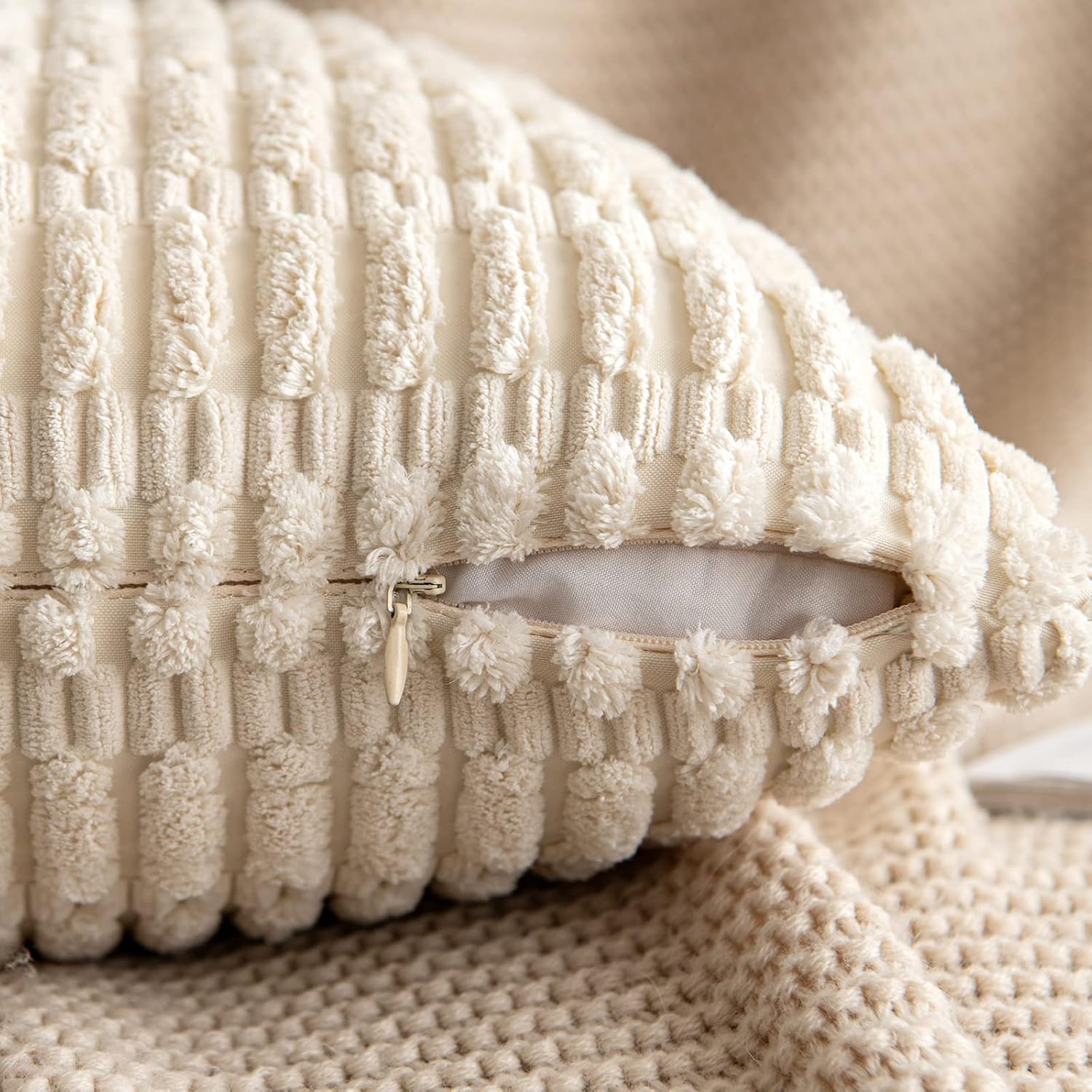 MIULEE Corduroy Throw Pillow Covers - Soft Boho Striped Design | 12x12 Inch Cream White for Modern Home Decor