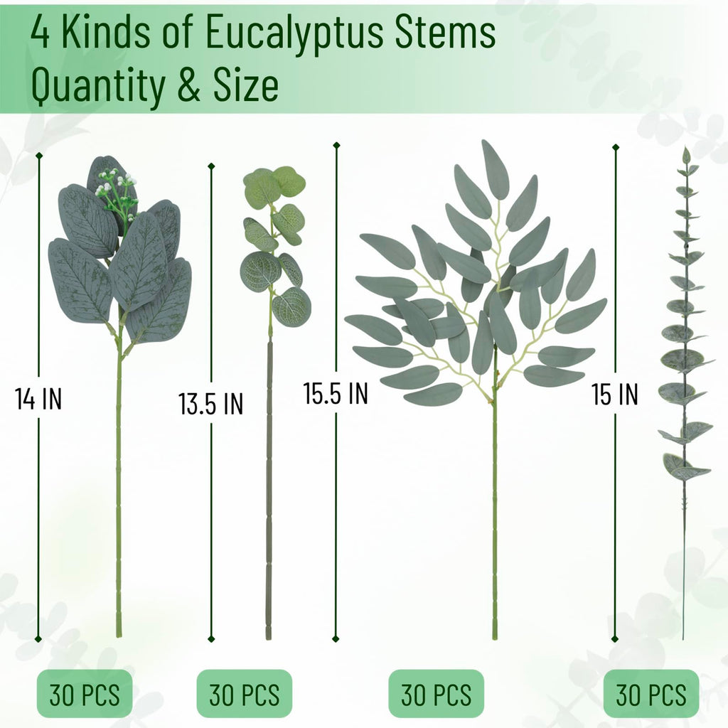 120 Pcs Artificial Eucalyptus Stems, 4 Kinds Mixed Faux Greenery Stems Fake Silver Dollar Eucalyptus Leaves Bundle for DIY Bouquets Centerpiece Spring Floral Arrangement Wreath Home Wedding Decor