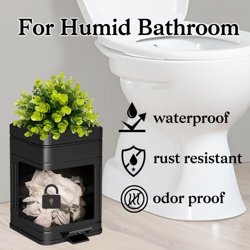 Tegneo Small Trash Can with Lid, Plant-Styled Outdoor Dog Poop Trash Can Outside, Farmhouse Retro Metal Garbage Can for Bathroom Office, Dog Waste Container with Pedal, Soft Close, 5L/1.3 Gal, Black