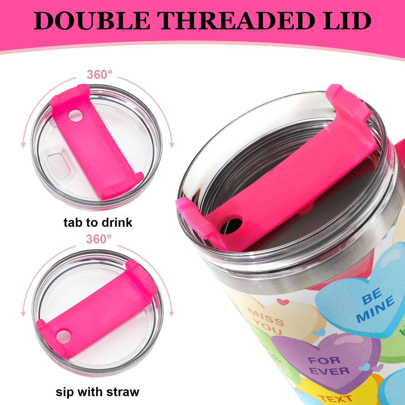 JarThenaAMCS Valentine's Day Tumbler with Lid Straw Stainless Steel Cup 40oz Colorful Conversation Heart Tumbler with Handle for Home Office Travel