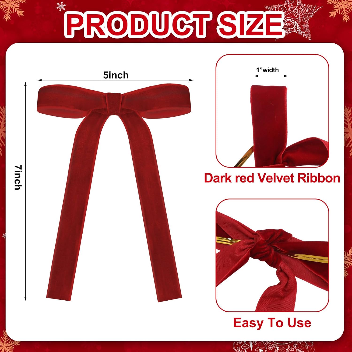 Skiennix 24 Pcs Velvet Bows - Vintage Ribbon Bows for Christmas Tree & Crafts | Dark Red, 5 x 7 Inch