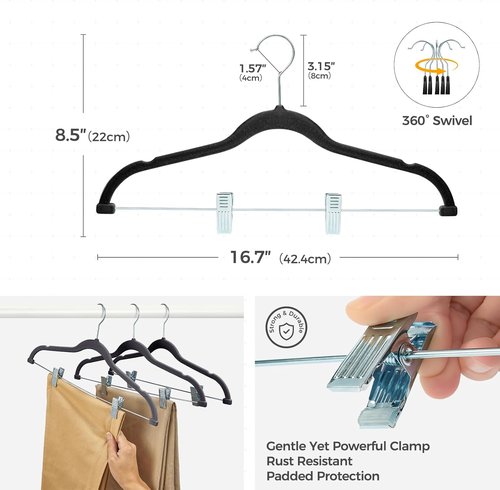 HOUSE DAY Velvet Hangers - Adjustable Clips & 360° Hook | Heavy Duty Non-Slip Suit Organizer (Black, 10 Pack)