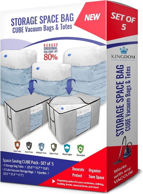 Cube Vacuum Storage Bags - Premium Space Saver Totes with Compression Seal for Clothing & Bedding | Jumbo Organizer