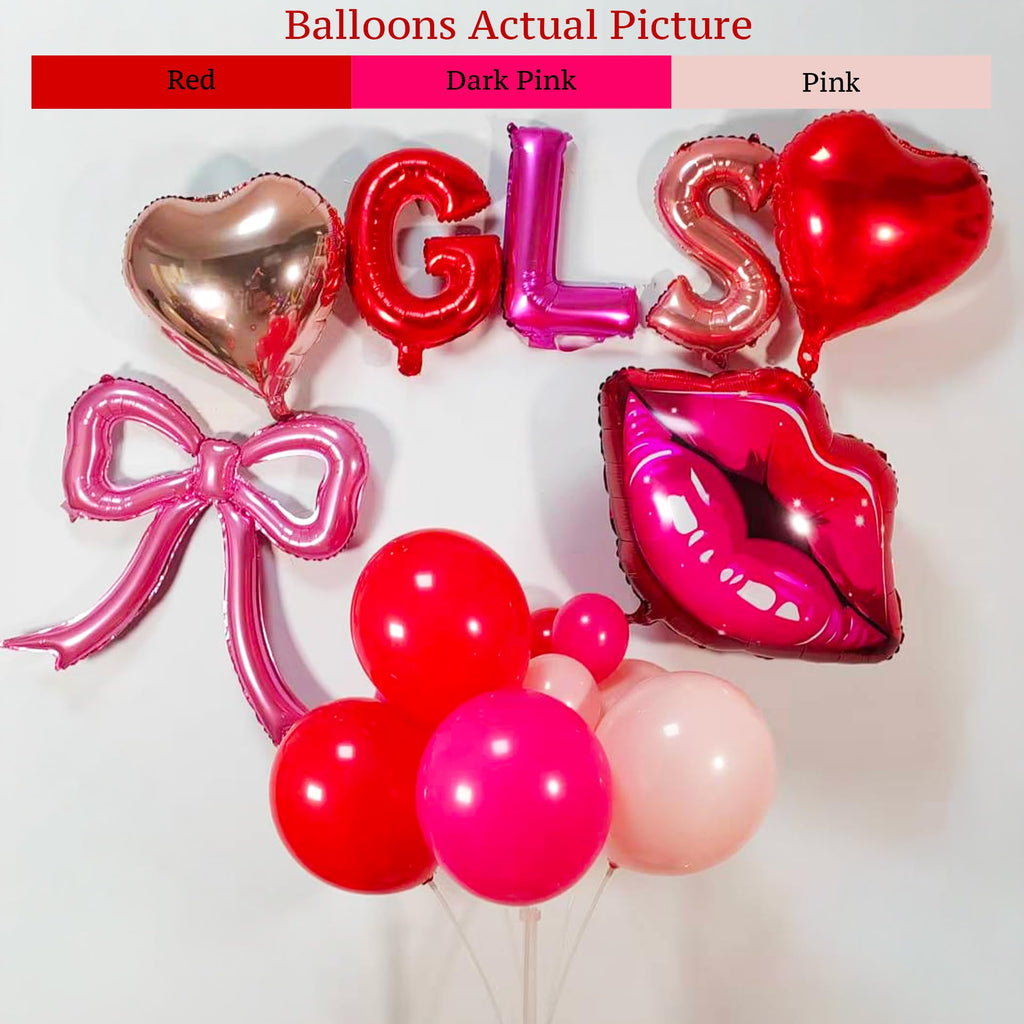 Galentine's Day Balloon Arch Kit - 133 Pcs Pink Red GALS Letter Balloons, Heart, Lip & Bow Foil Balloons with Pink Curtain for Valentine's Day, Bachelorette, Birthday Party Decorations