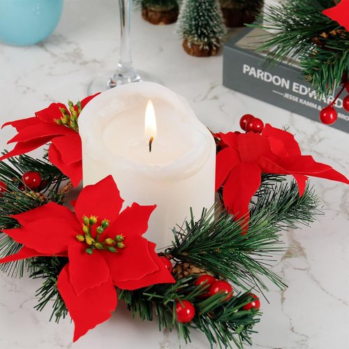 Christmas Candle Rings by [Brand Name] - Set of 2 Pinecone & Red Poinsettia Wreaths for Pillar & Taper Candles | Festive Centerpieces for Holiday Decor