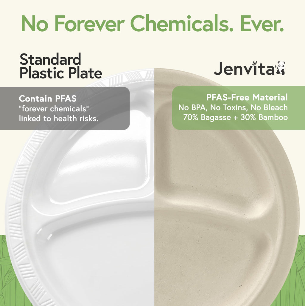 Jenvita Bamboo Paper Disposable Plates with Compartment (500-Pack, 9-inch) - Sturdy & Microwave Safe | Disposable Sectioned Plates | PFAS Free, Biodegradable | FSC Certified Alternative to Plastic