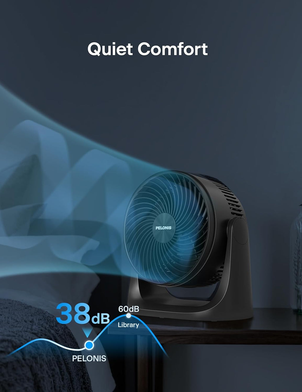 Pelonis 7-Inch Table Fan - 3 Speed Small Room Air Circulator with 100° Adjustable Head Tilt | Black