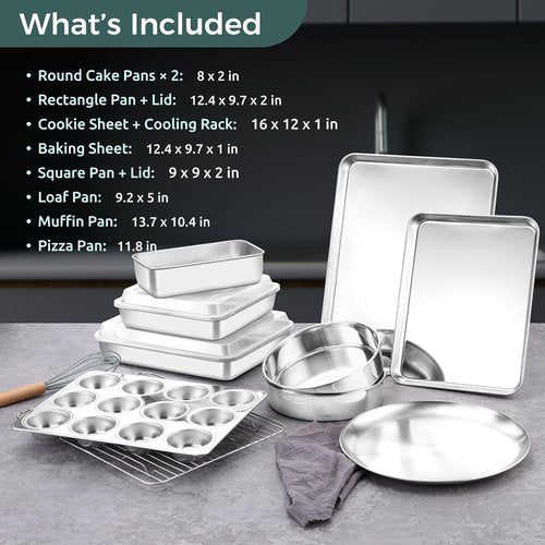 E-far 12-Piece Bakeware Set - Stainless Steel Baking Pans with Lids | Non-Toxic & Dishwasher Safe