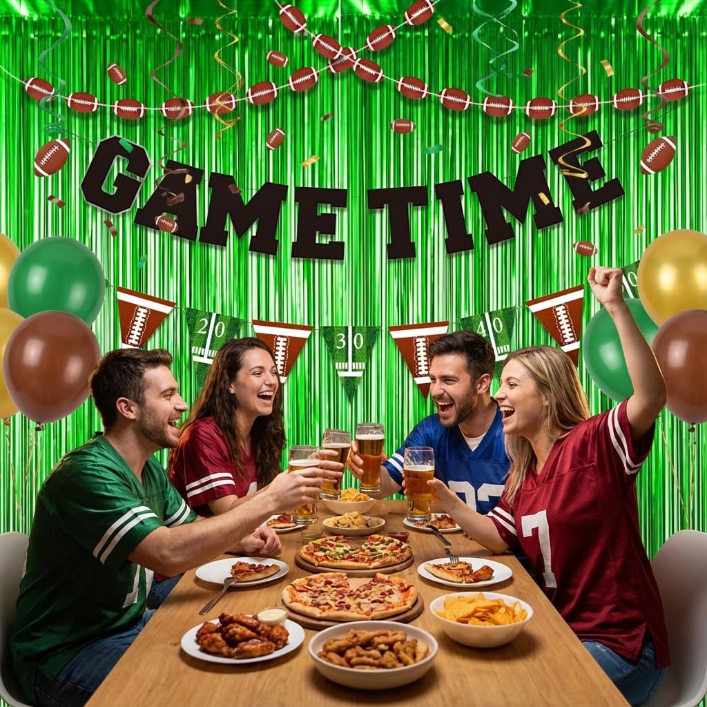 Football Party Decorations Set with Green Fringe Curtains & GAME TIME Banner – Game Day Football Decor, Football Themed Party Supplies for Birthday, Watch Party & Sports Events