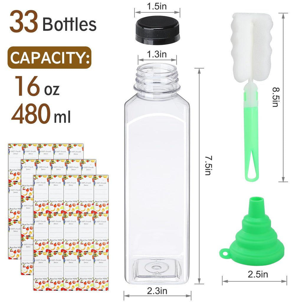 DANALLAN 33pcs 16oz Plastic Bottles with Caps, Premium Juice Containers with Lids, Clear Empty Reusable Smoothie Bottles for Beverage Drinking Milk