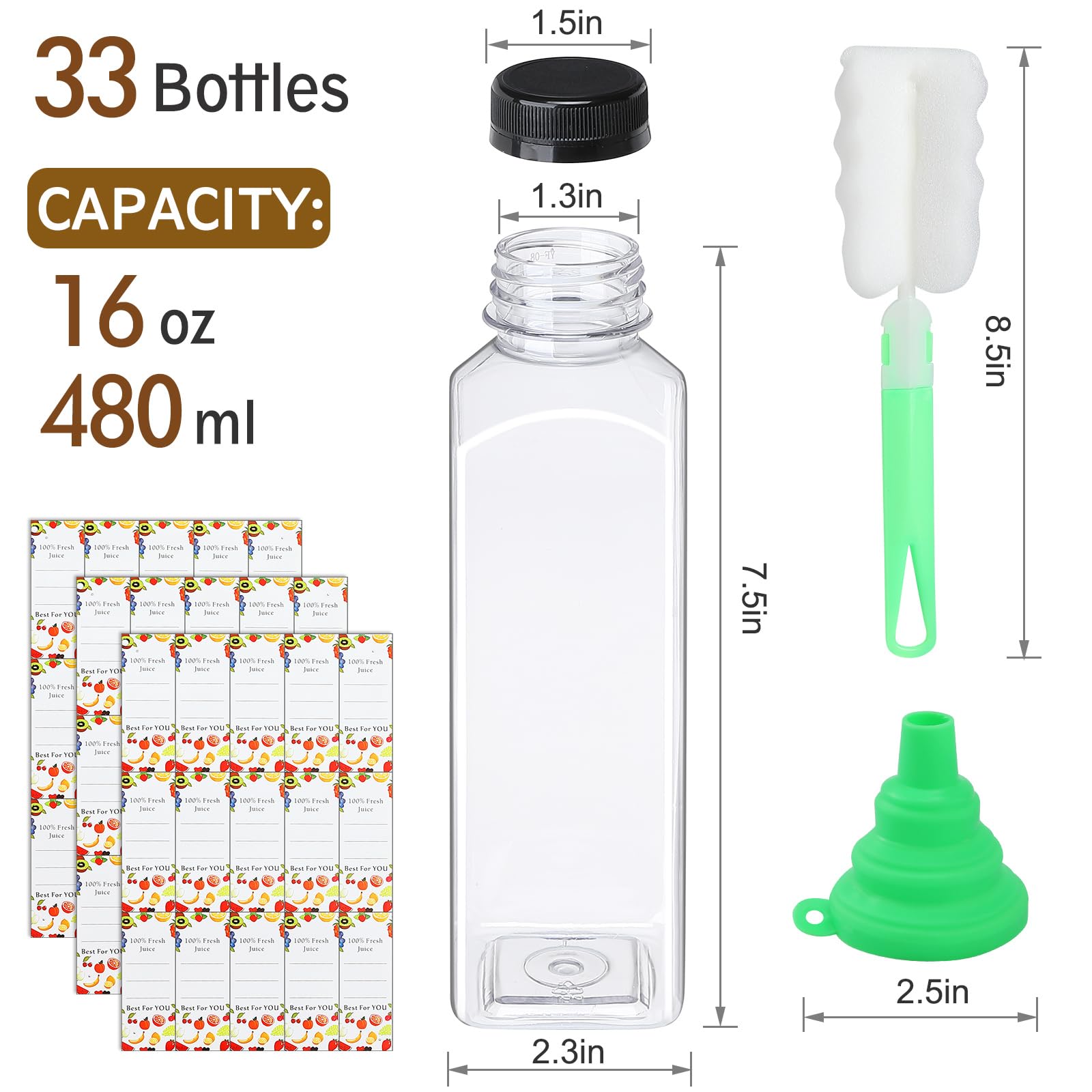 DANALLAN 33pcs 16oz Plastic Bottles with Caps, Premium Juice Containers with Lids, Clear Empty Reusable Smoothie Bottles for Beverage Drinking Milk